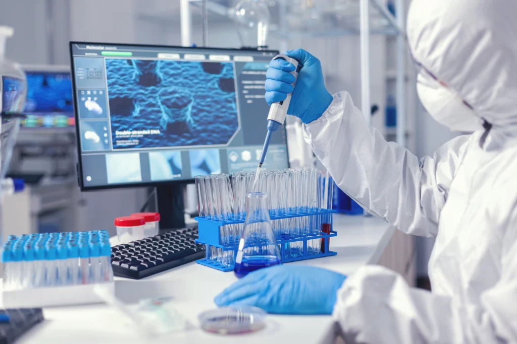 virolog coducting experiment course coronavirus pandemic with micropipette chemist modern laboratory doing research using dispenser global epidemic with covid 19